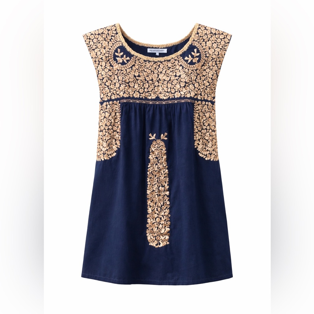 Santa Marguerite Navy Gold Embroidered Folk Babydoll Dress Size M NWOT